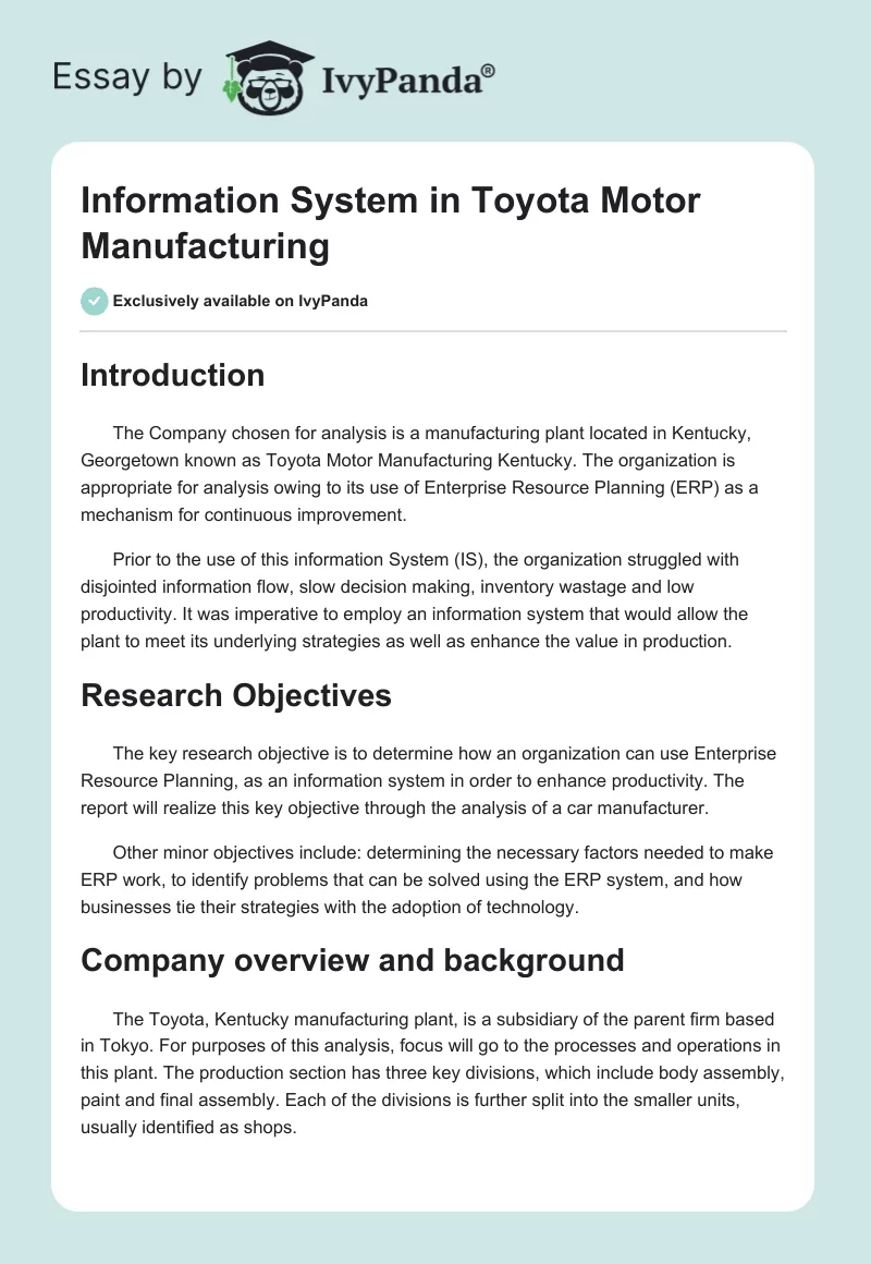 Toyota Information System & Toyota ERP Case Study. Page 1
