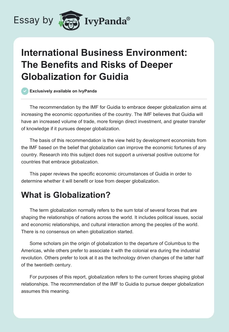 International Business Environment: The Benefits and Risks of Deeper Globalization for Guidia. Page 1
