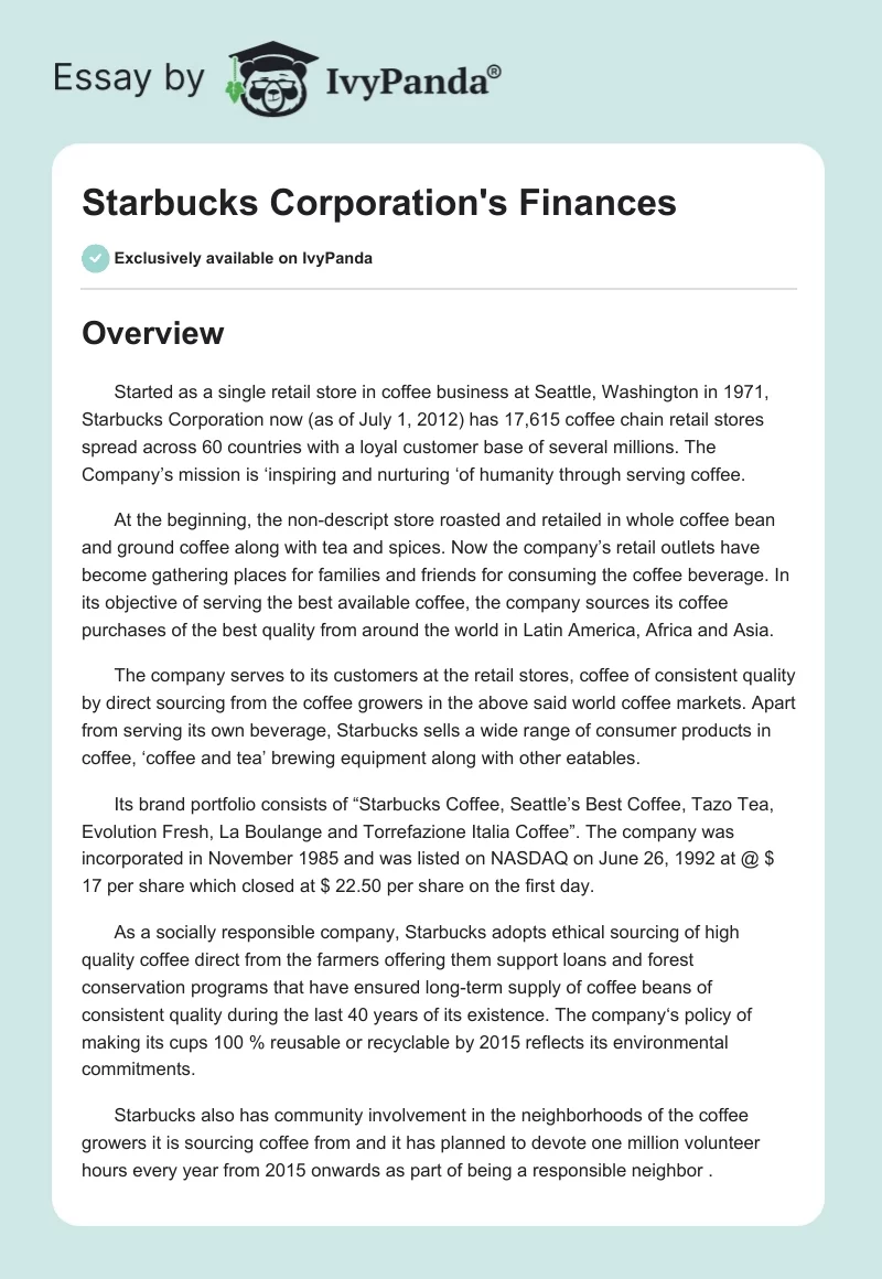 Starbucks Corporation's Finances. Page 1