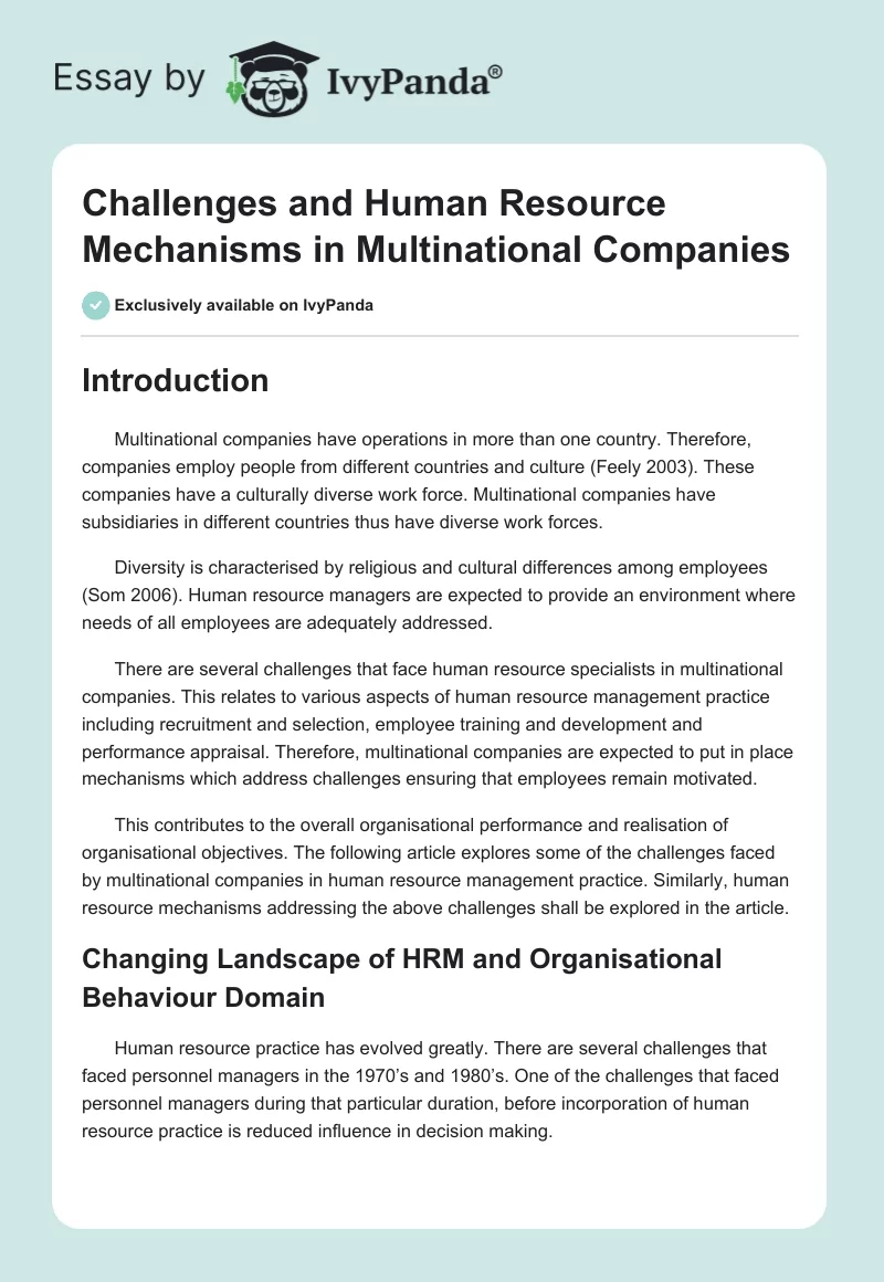 Challenges and Human Resource Mechanisms in Multinational Companies. Page 1