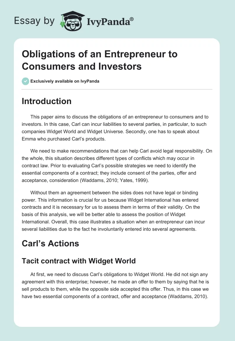Obligations of an Entrepreneur to Consumers and Investors. Page 1