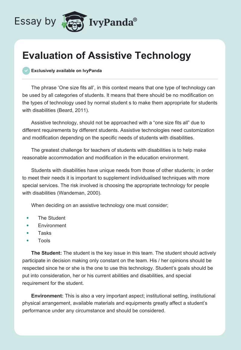 Evaluation of Assistive Technology. Page 1