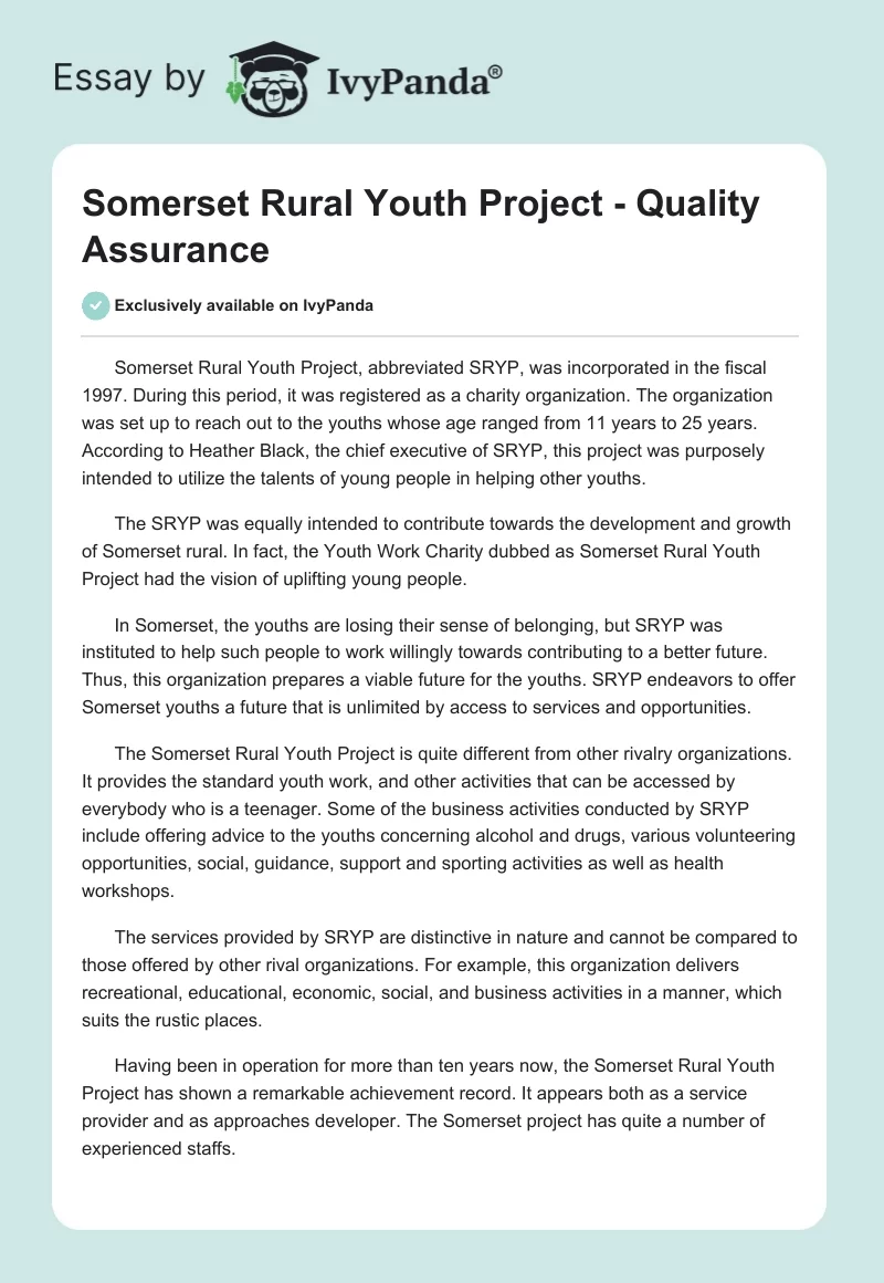 Somerset Rural Youth Project - Quality Assurance. Page 1