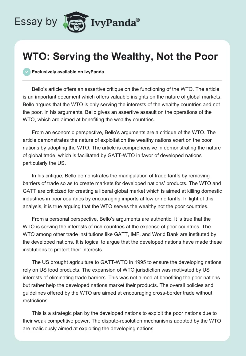 WTO: Serving the Wealthy, Not the Poor. Page 1