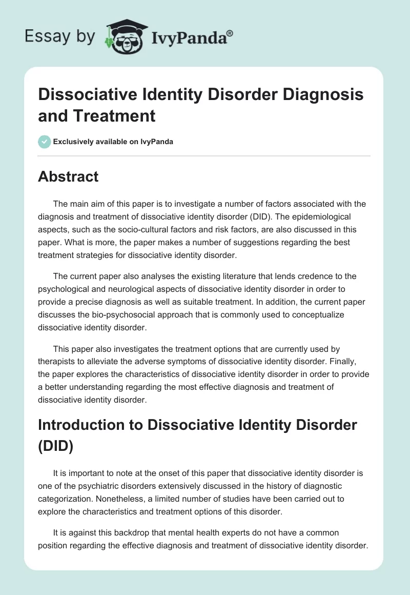 Dissociative Identity Disorder Diagnosis and Treatment. Page 1