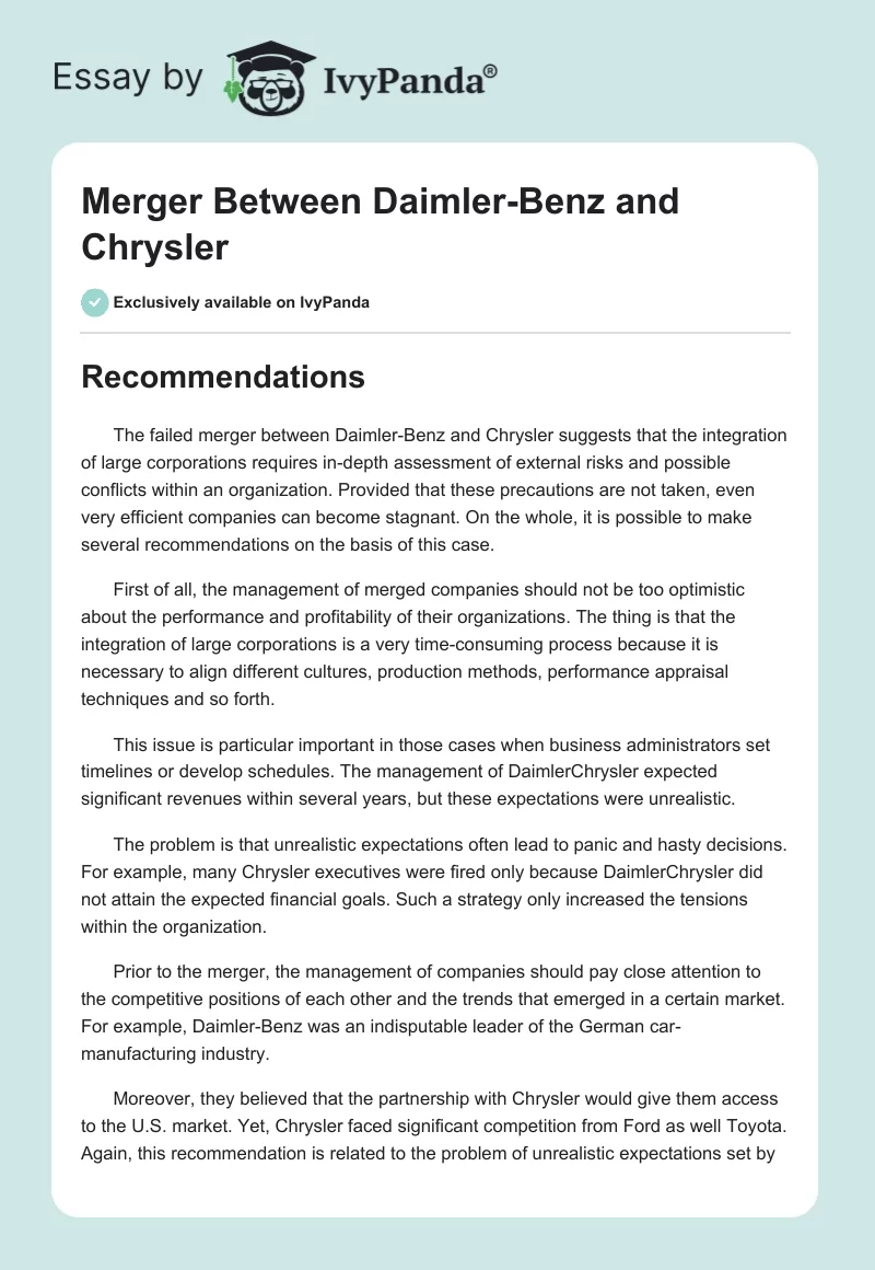 Merger Between Daimler-Benz and Chrysler. Page 1