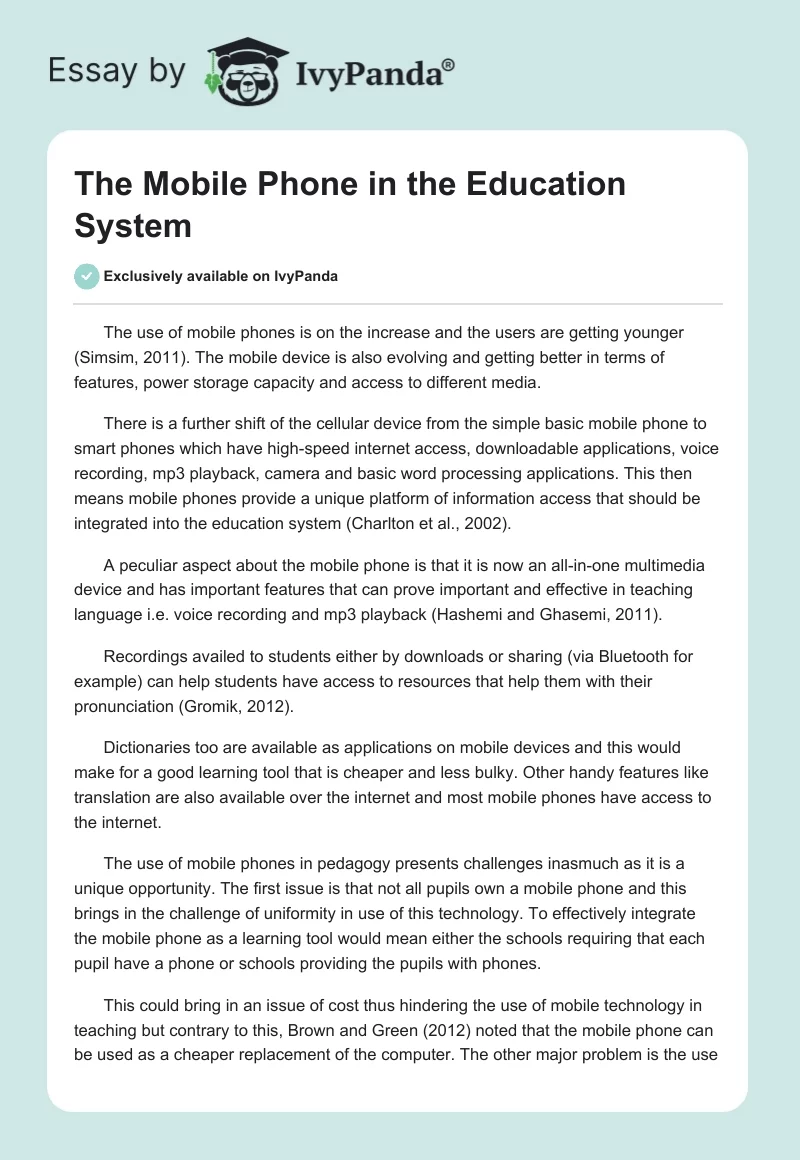 The Mobile Phone in the Education System. Page 1