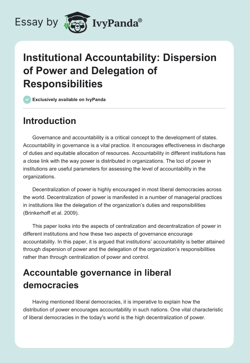 Institutional Accountability: Dispersion of Power and Delegation of Responsibilities. Page 1
