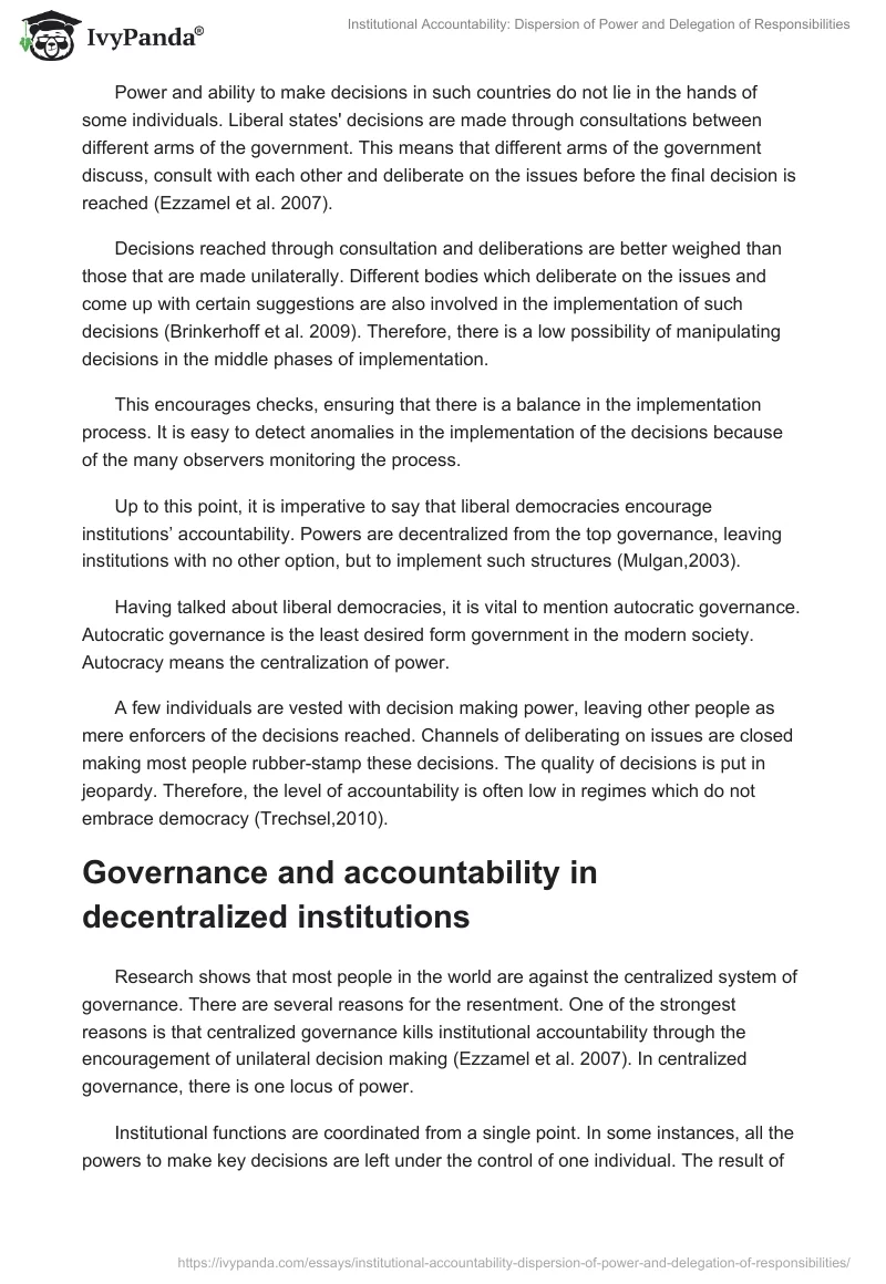 Institutional Accountability: Dispersion of Power and Delegation of Responsibilities. Page 2