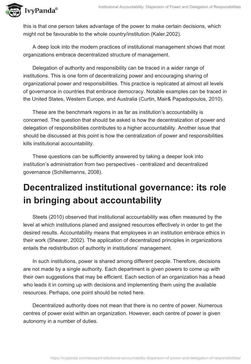 Institutional Accountability: Dispersion of Power and Delegation of Responsibilities. Page 3