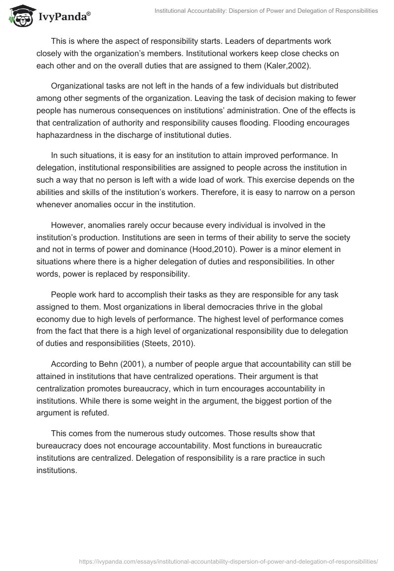 Institutional Accountability: Dispersion of Power and Delegation of Responsibilities. Page 4