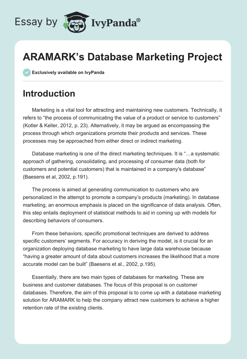 ARAMARK’s Database Marketing Project. Page 1