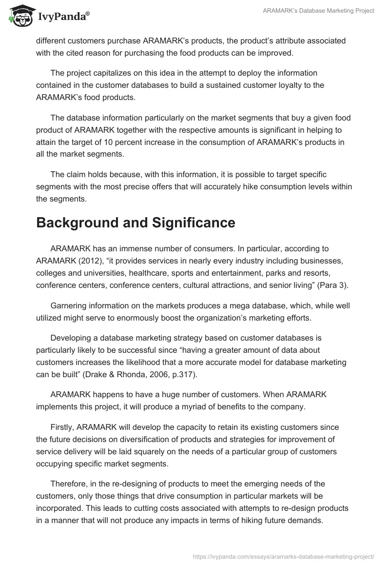 ARAMARK’s Database Marketing Project. Page 3
