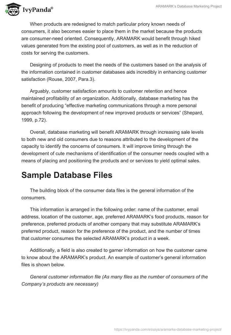 ARAMARK’s Database Marketing Project. Page 4