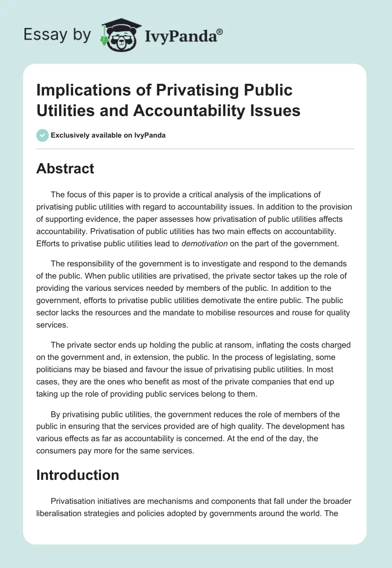 Implications of Privatising Public Utilities and Accountability Issues. Page 1