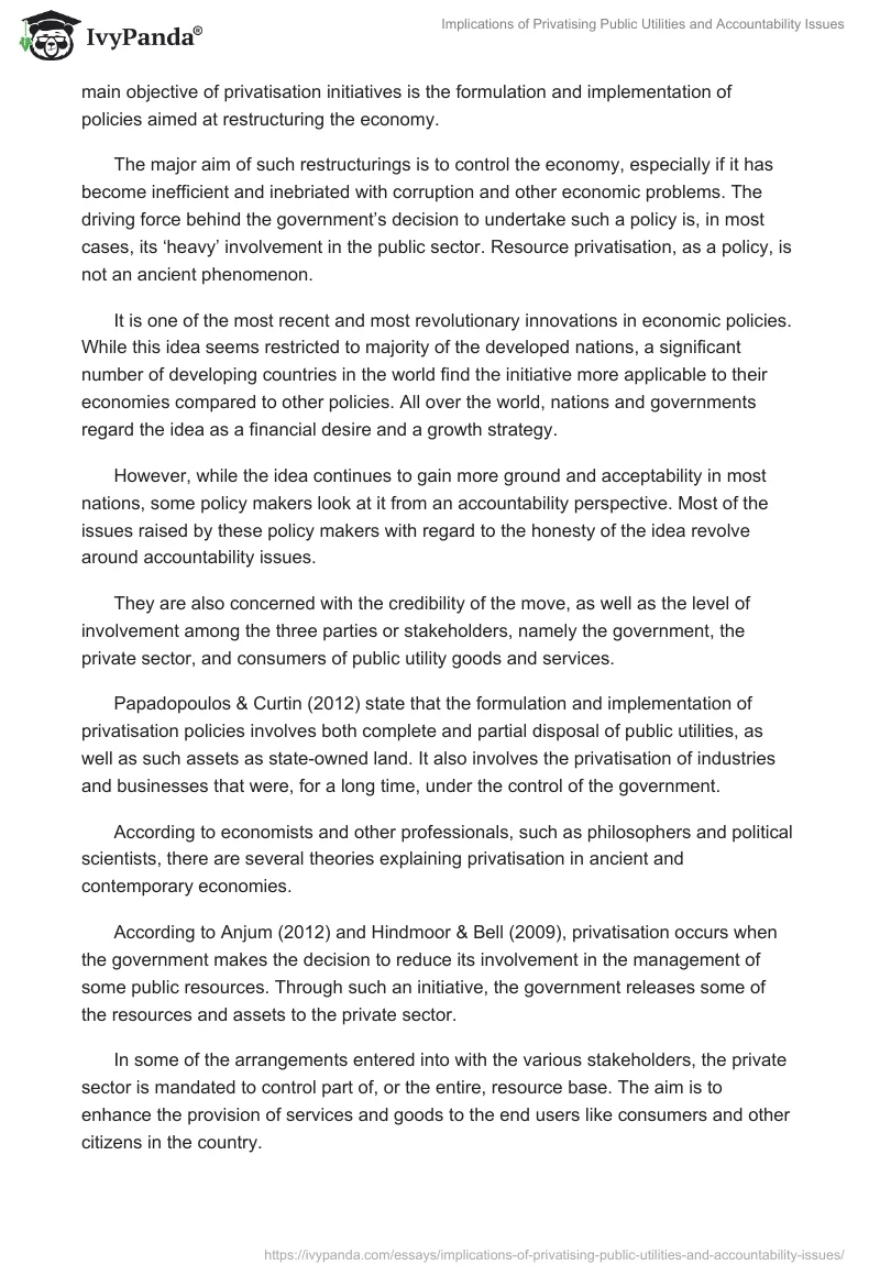 Implications of Privatising Public Utilities and Accountability Issues. Page 2