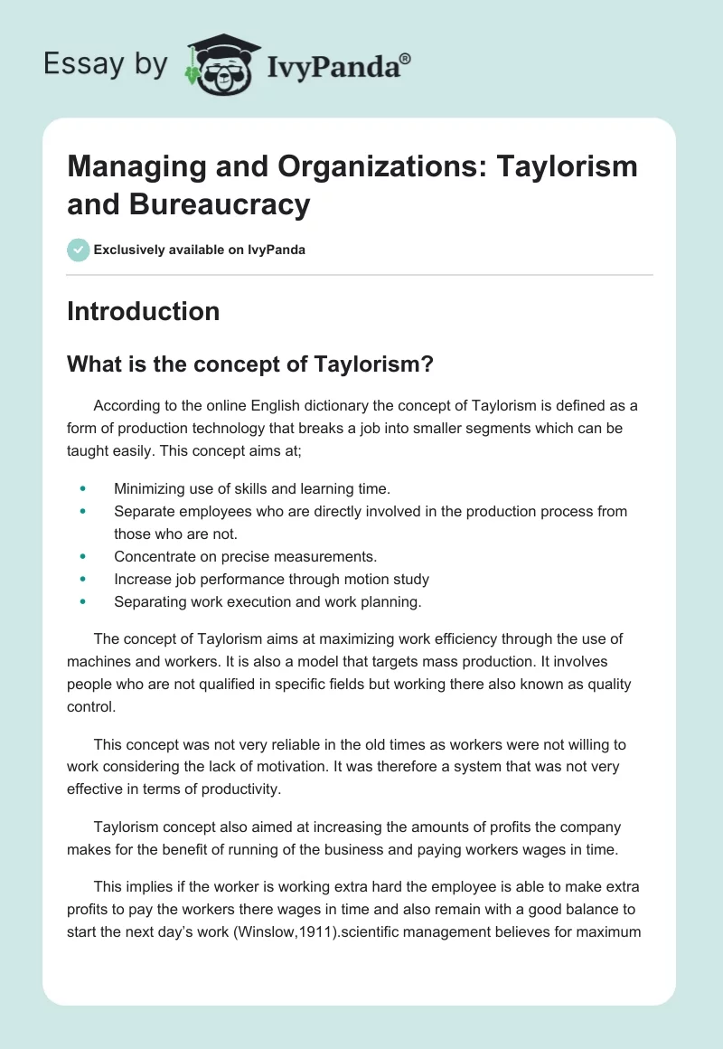 Managing and Organizations: Taylorism and Bureaucracy. Page 1