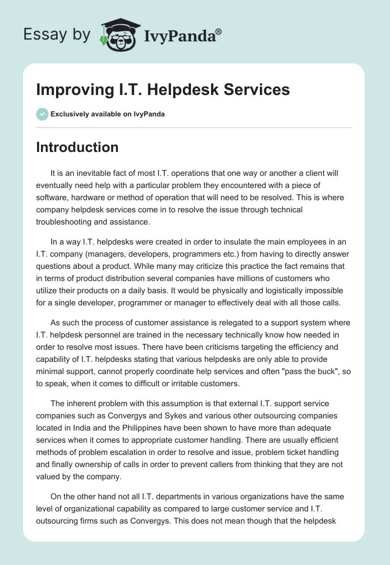 Improving I.T. Helpdesk Services. Page 1