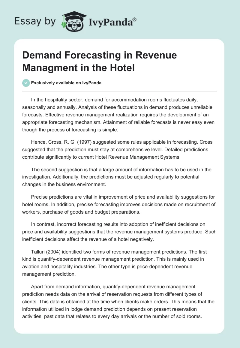 Demand Forecasting in Revenue Managment in the Hotel. Page 1