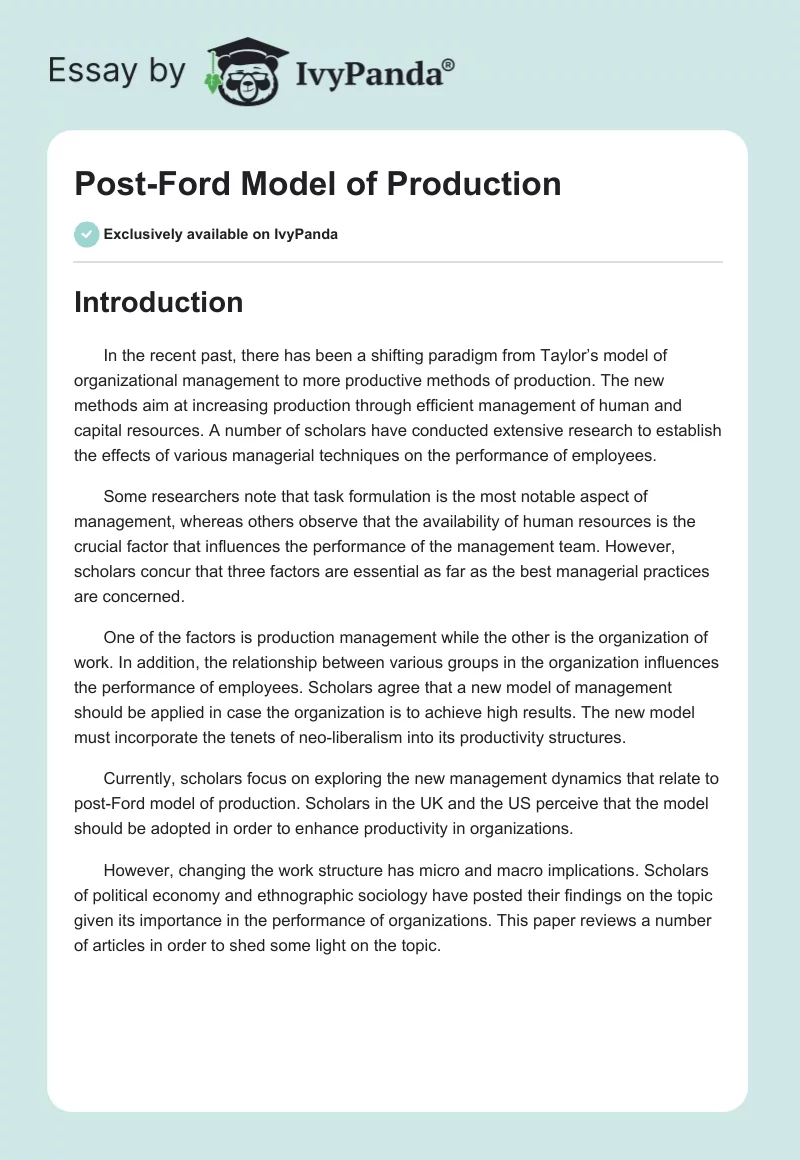 Post-Ford Model of Production. Page 1