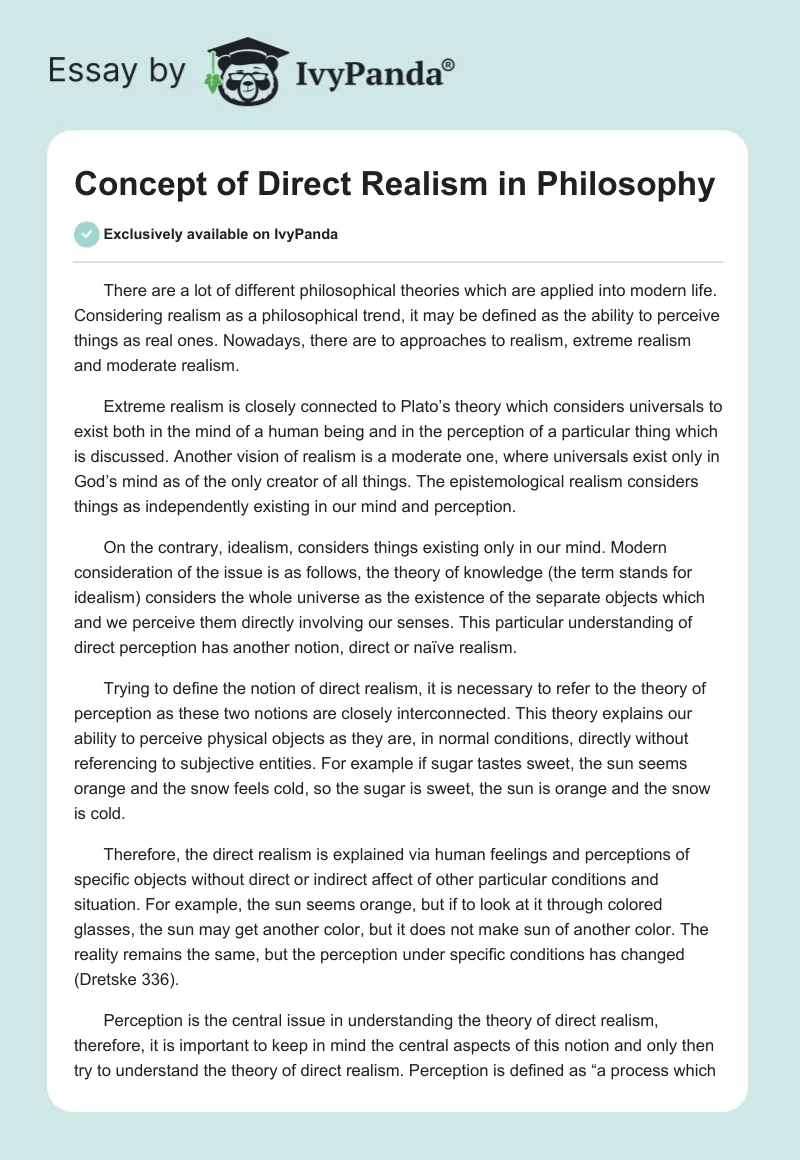 Concept of Direct Realism in Philosophy. Page 1