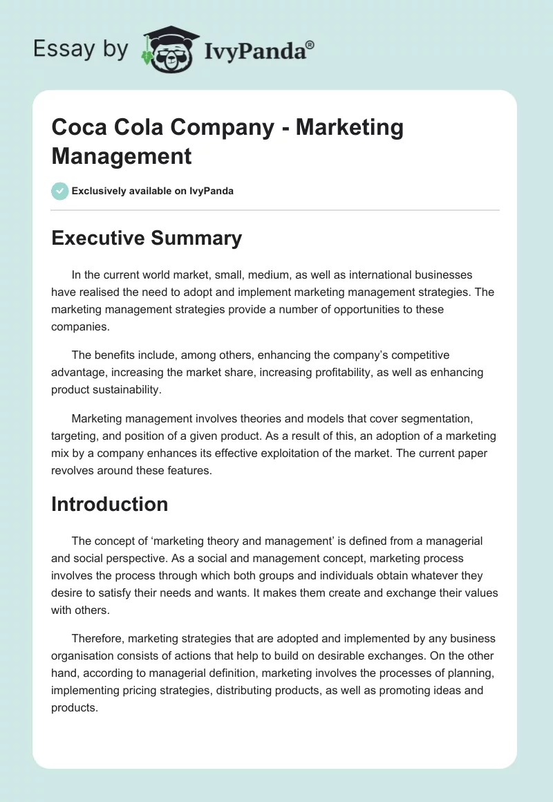 Coca Cola Company - Marketing Management. Page 1