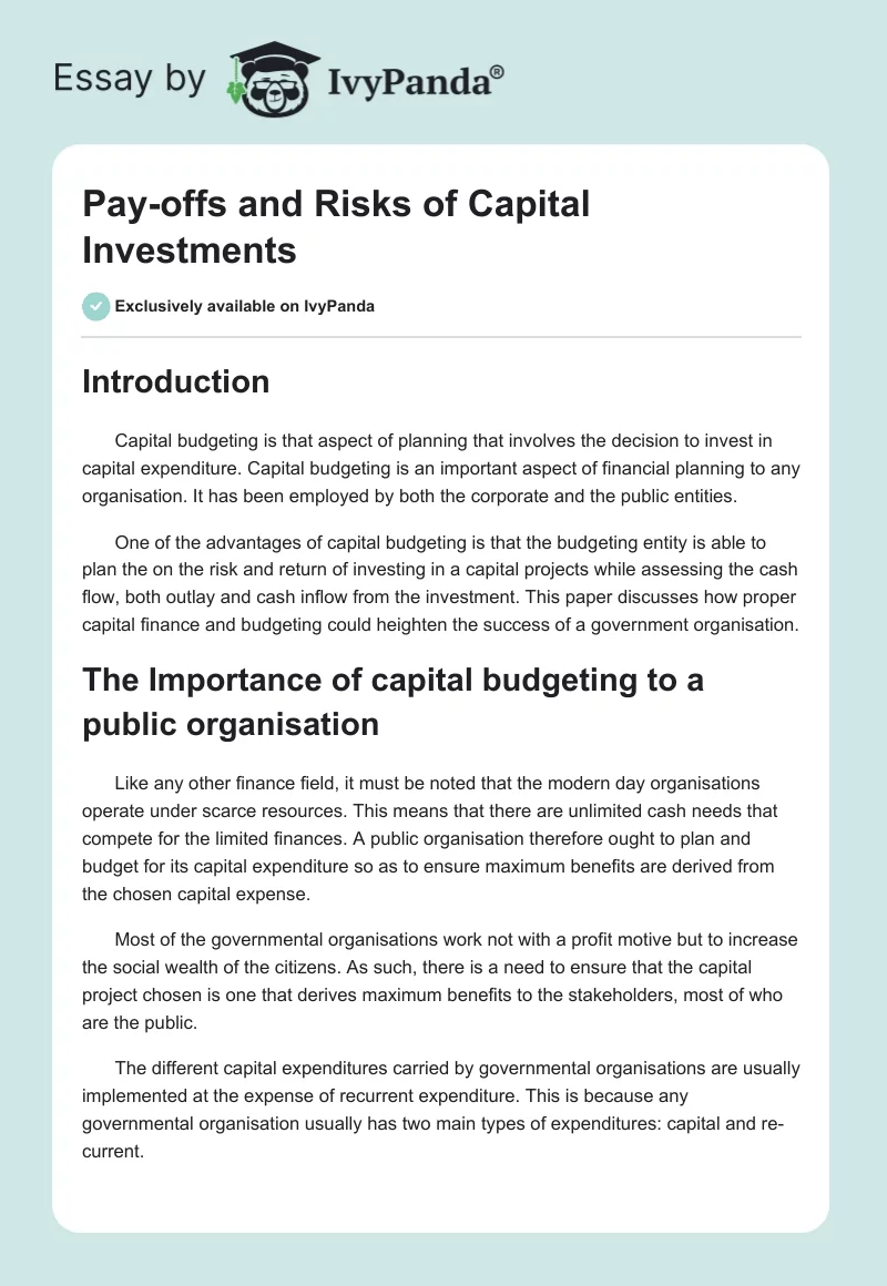 Pay-offs and Risks of Capital Investments. Page 1