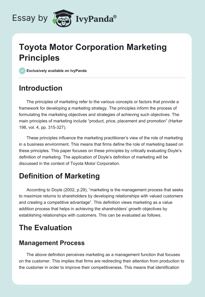 Toyota Motor Corporation Marketing Principles. Page 1