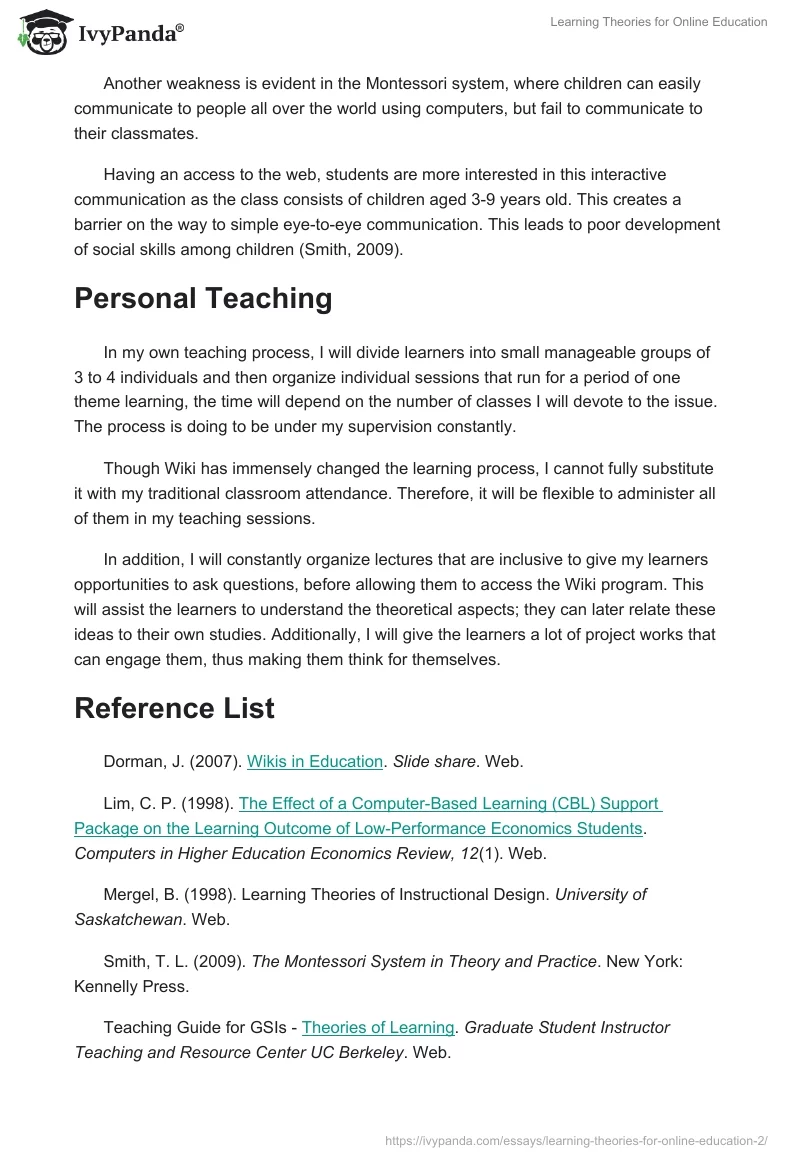 Learning Theories for Online Education. Page 4
