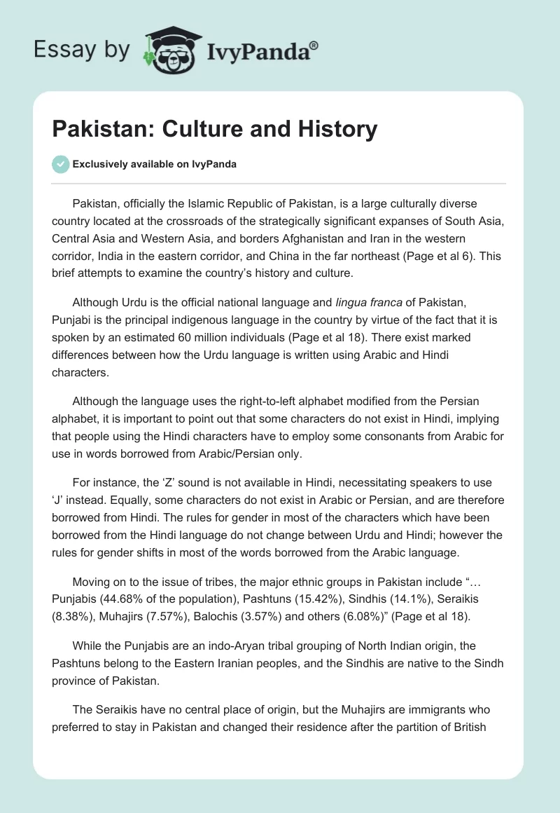 Pakistan: Culture and History. Page 1