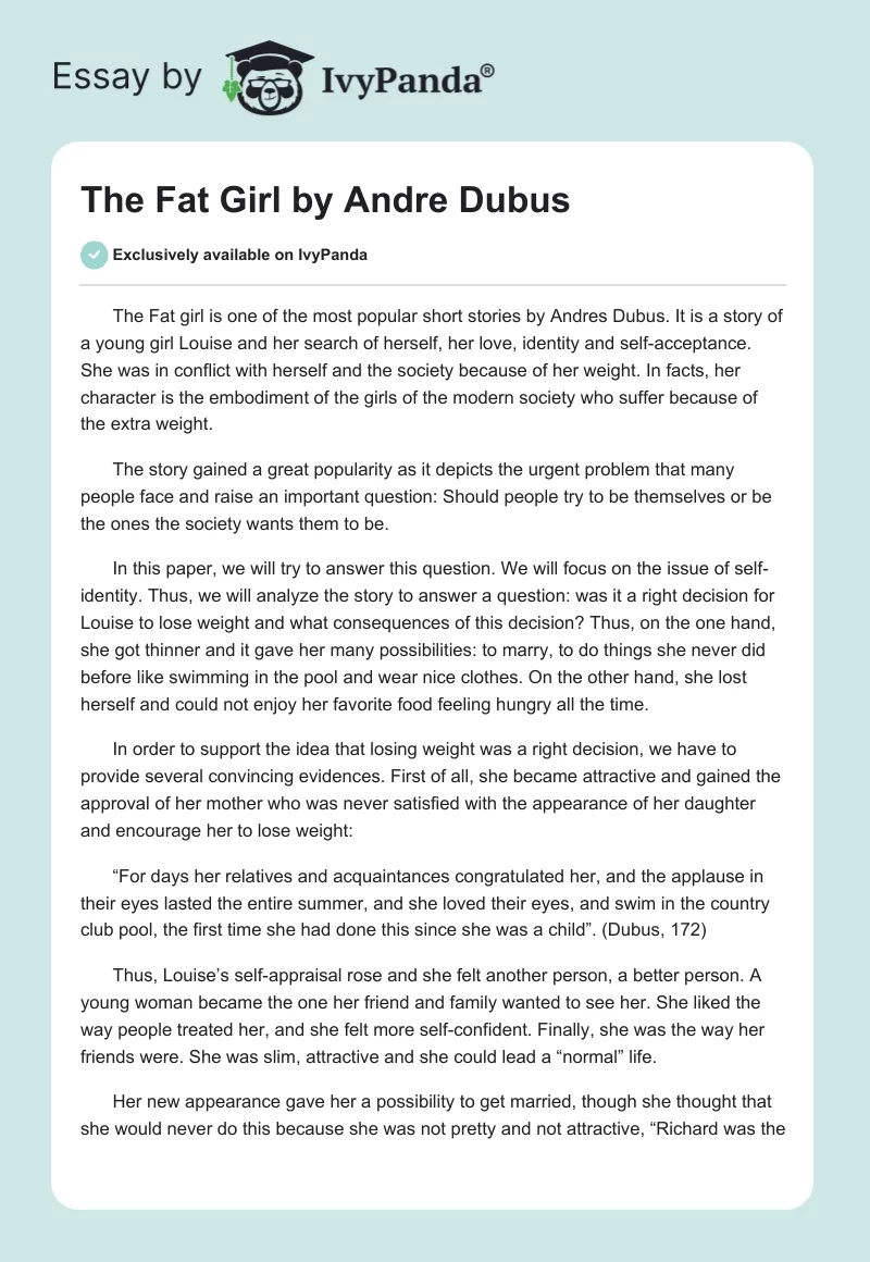 "The Fat Girl" by Andre Dubus. Page 1