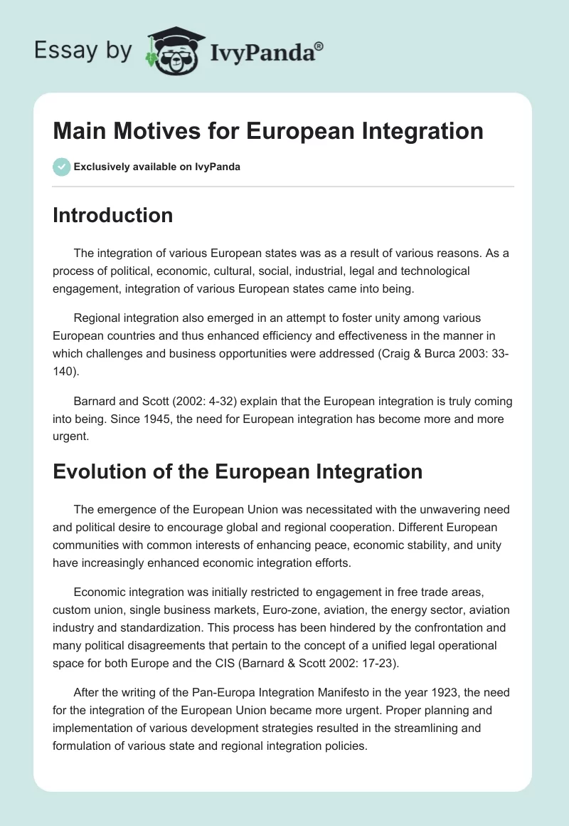 Main Motives for European Integration. Page 1