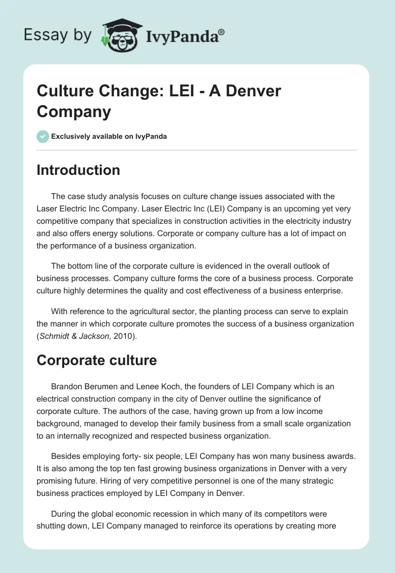 Culture Change: LEI - A Denver Company. Page 1