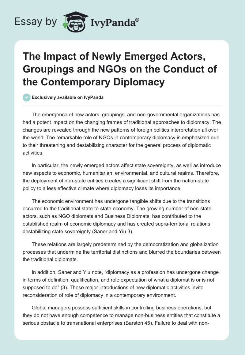 The Impact of Newly Emerged Actors, Groupings and NGOs on the Conduct of the Contemporary Diplomacy. Page 1