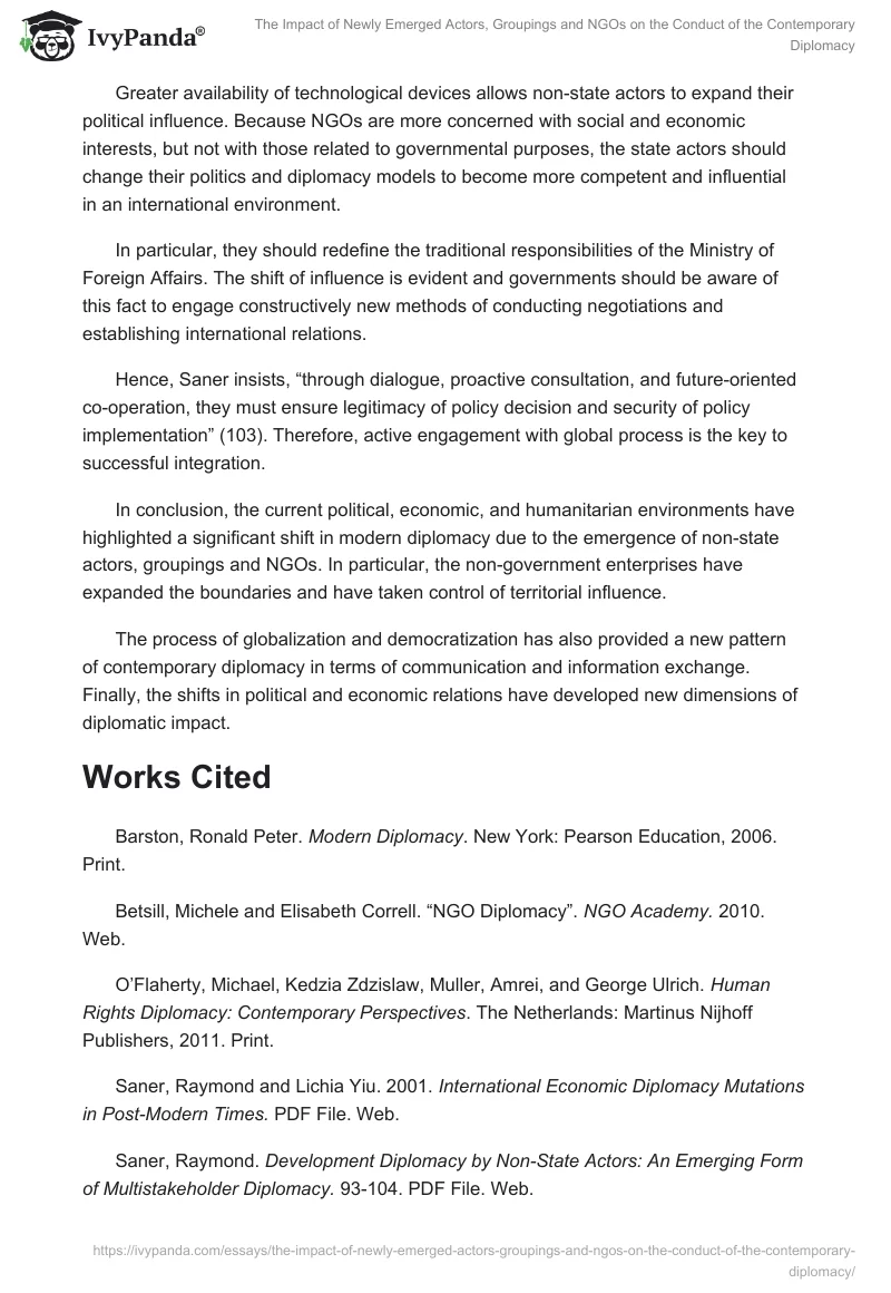 The Impact of Newly Emerged Actors, Groupings and NGOs on the Conduct of the Contemporary Diplomacy. Page 3