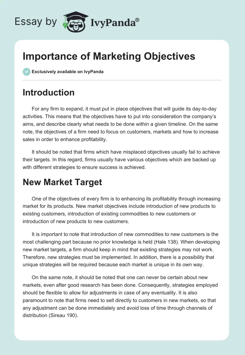 Importance of Marketing Objectives. Page 1