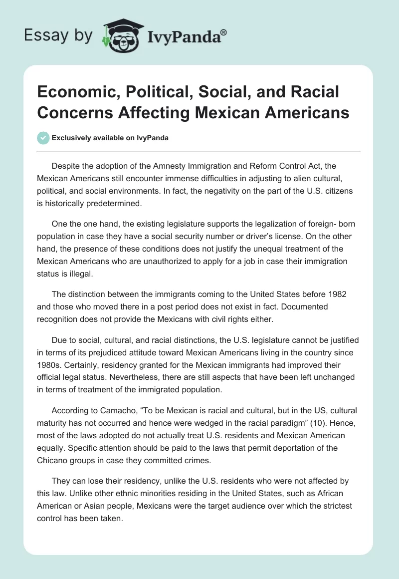 Economic, Political, Social, and Racial Concerns Affecting Mexican Americans. Page 1