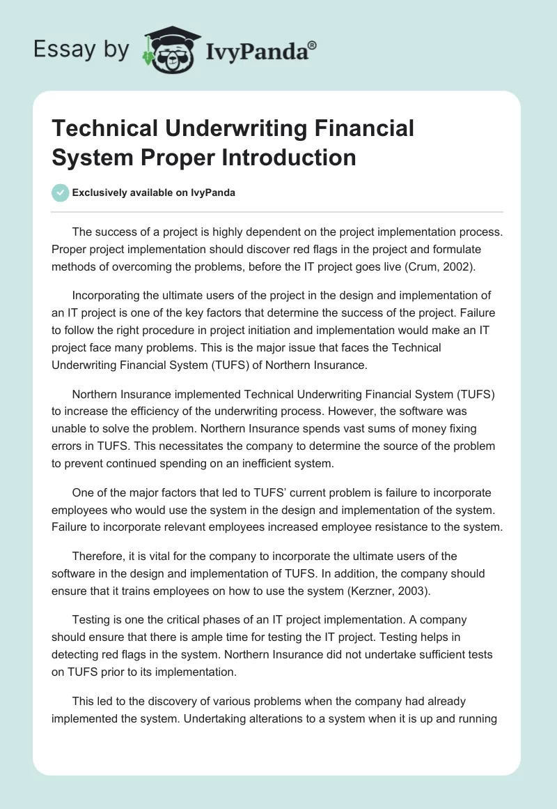 Technical Underwriting Financial System Proper Introduction. Page 1
