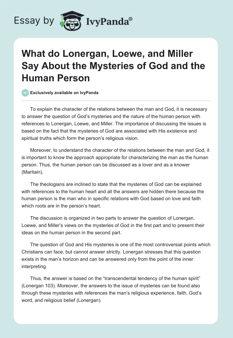 What do Lonergan, Loewe, and Miller Say About the Mysteries of God and the Human Person. Page 1