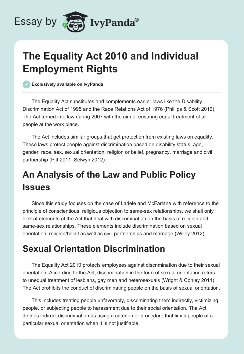 The Equality Act 2010 and Individual Employment Rights. Page 1