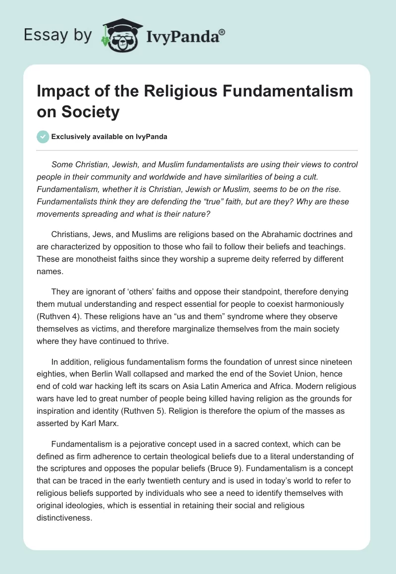 Impact of the Religious Fundamentalism on Society. Page 1