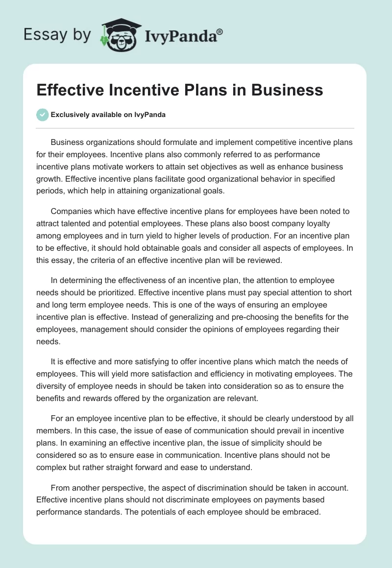Effective Incentive Plans in Business. Page 1