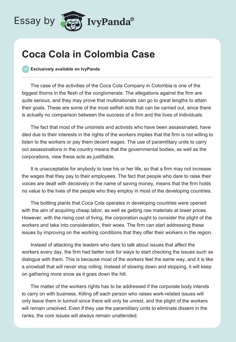 Coca Cola in Colombia Case. Page 1