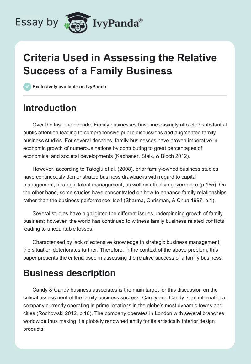 Criteria Used in Assessing the Relative Success of a Family Business. Page 1