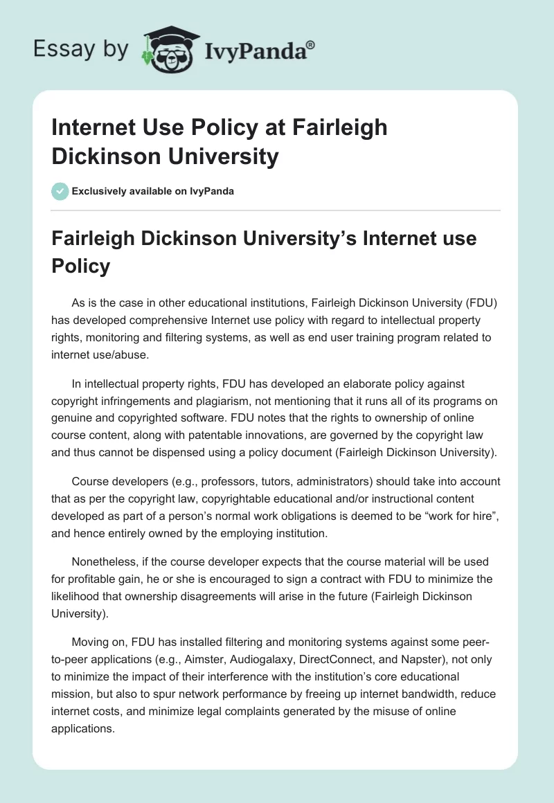 Internet Use Policy at Fairleigh Dickinson University. Page 1