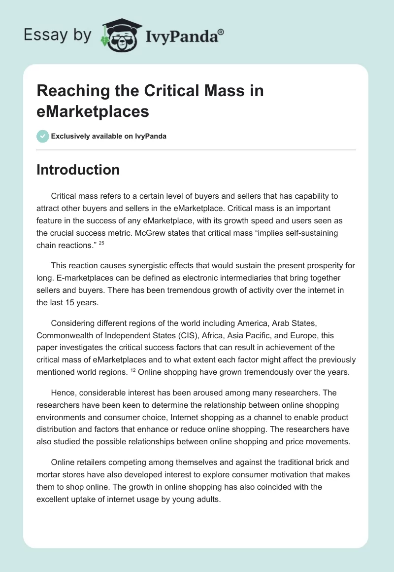 Reaching the Critical Mass in eMarketplaces. Page 1
