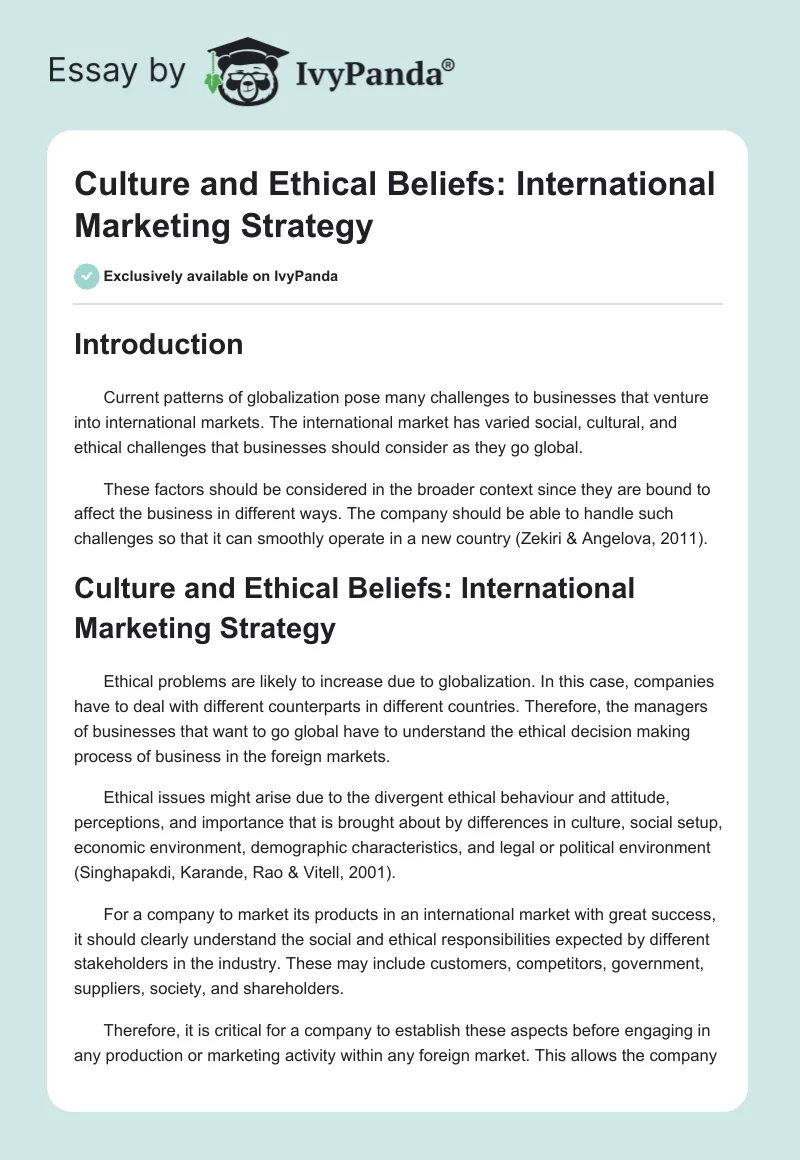 Culture and Ethical Beliefs: International Marketing Strategy. Page 1