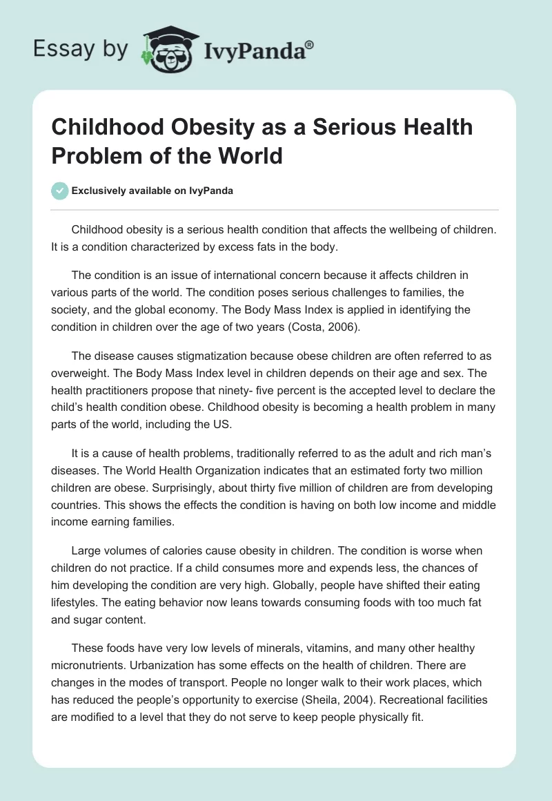 Childhood Obesity as a Serious Health Problem of the World. Page 1