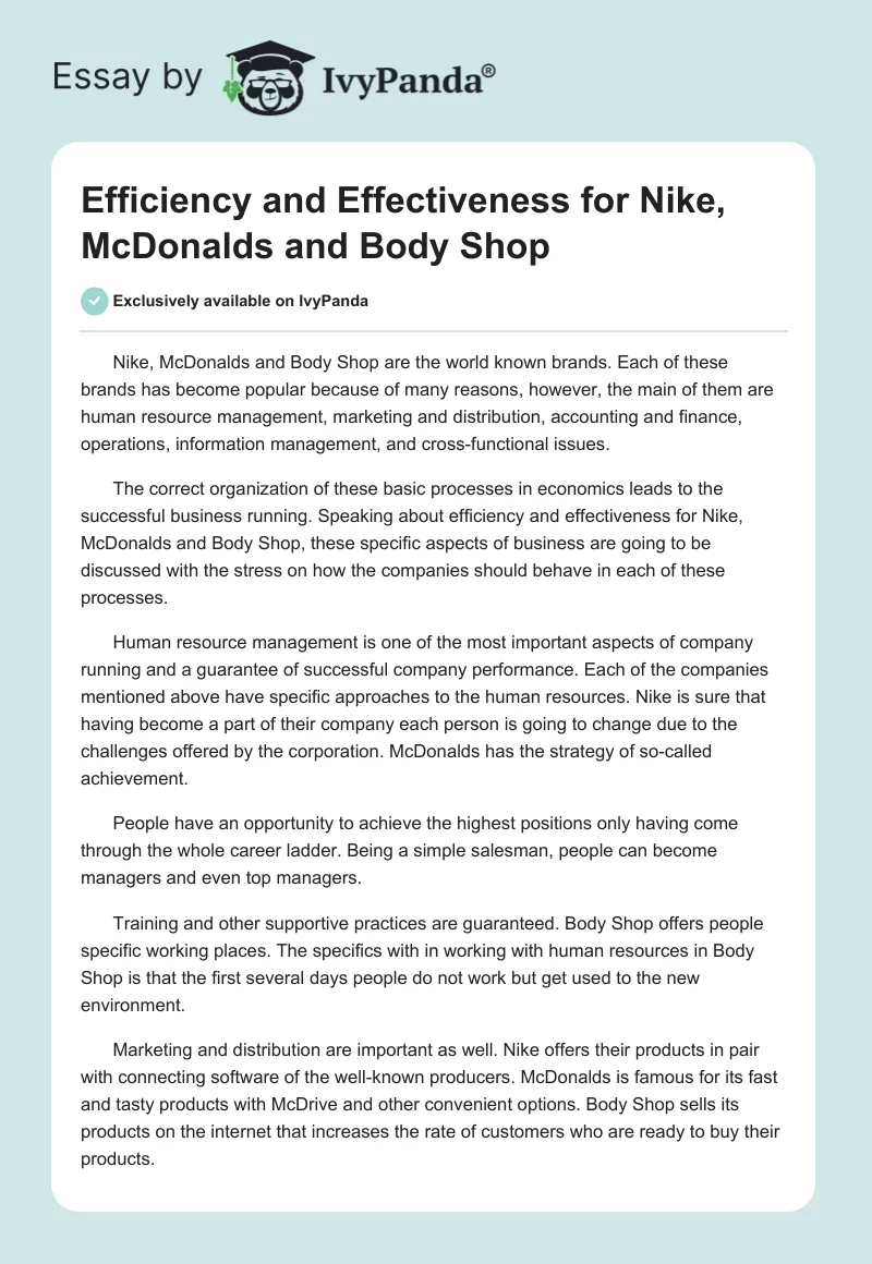 Efficiency and Effectiveness for Nike, McDonalds and Body Shop. Page 1