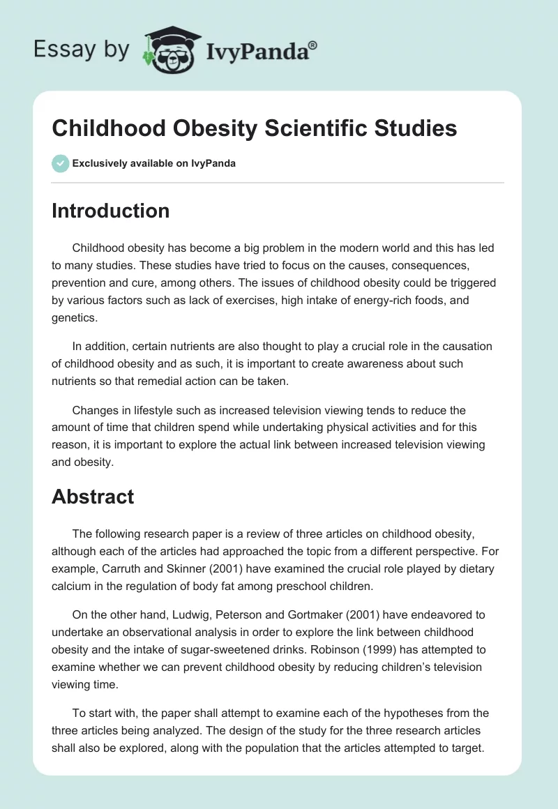 Childhood Obesity Scientific Studies. Page 1